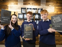 James Ó Dubhanin - Pobalscoil Chorca Dhuibhne, An Daingean, Winner of the News category in the NewsBrands Ireland Press Pass awards is pictured with 2nd place, Conn Ó Riagáin - Pobalscoil Chorca Dhuibhne, An Daingean and 3rd place Caoimhe McTigue – Jesus and Mary College, Goatstown, Dublin. Picture Andres Poveda